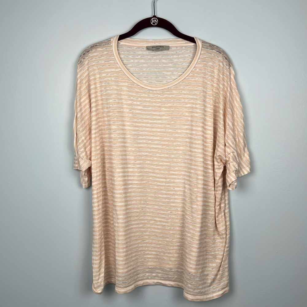 All Saints striped lightweight slub cotton drop shoulder short sleeve top Large